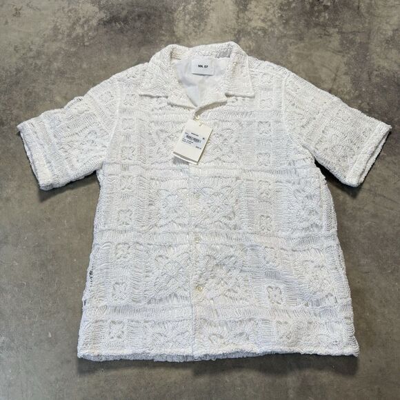 NN07 Julio Crochet‎ Shirt Mens Large Off White Button Front Camp Collar Lined